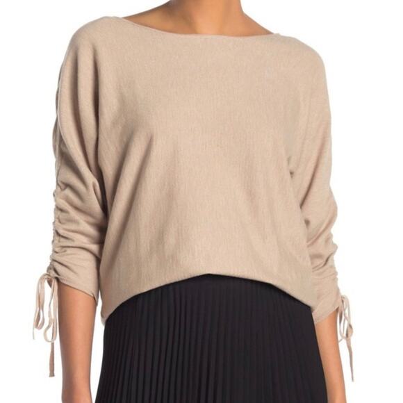 Max Studio Wheat Knit Sweater S NWT $98 Rayon Blend Ruched Sleeve - Picture 1 of 7